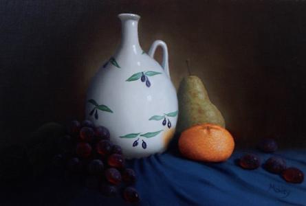 A beautiful hand painted original still life of fruit and a jug.