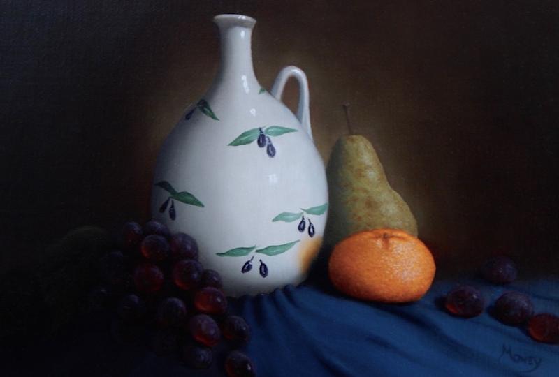 Still life oil painting showing an Olive jug and fruit by Dorset artist Ian Money