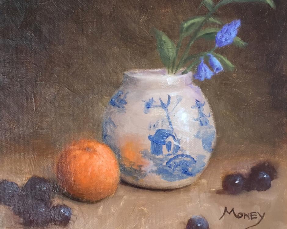 a Chinese pot with Dorset bluebells oil painting by Ian Money