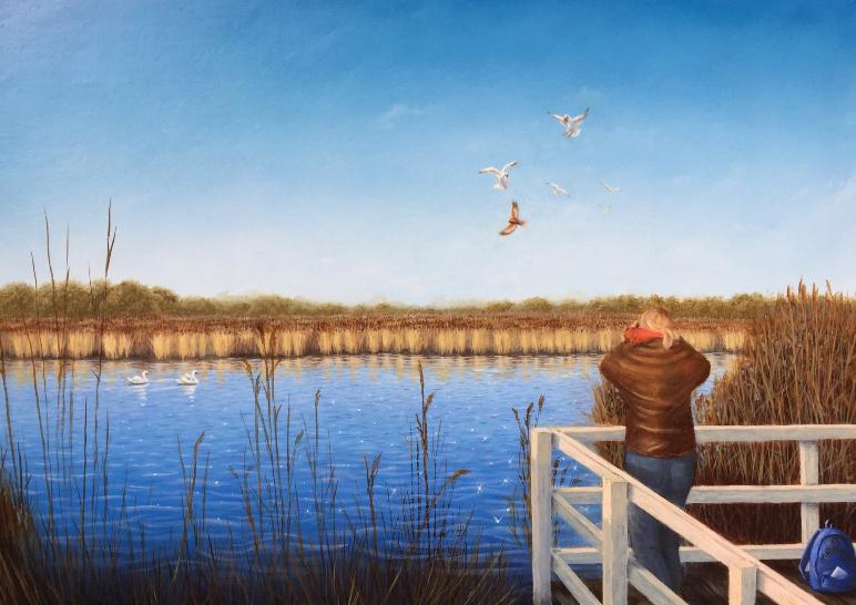 A scene of blue and gold. The excitement of birdwatching. A relaxing day out captured in a beautiful oil painting.
