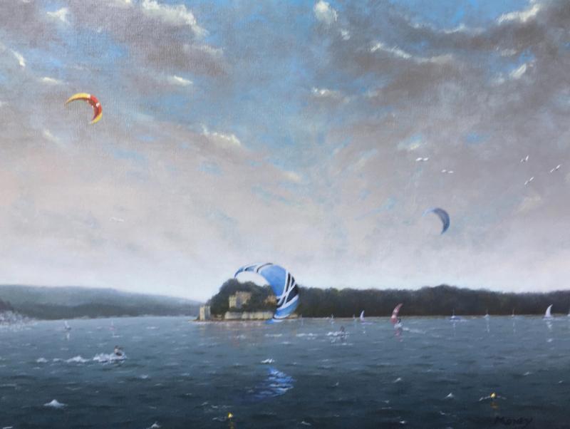 Kitesurfing in Poole bay in poole harbour by Dorset artist Ian Money