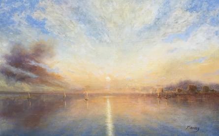 Original painting in the style of Turner of Poole bay looking towards Salturns Point in Poole Dorset