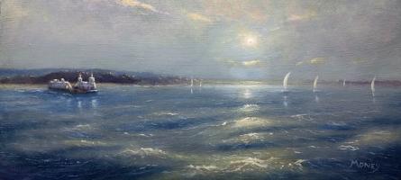 Original oil painting of Sandbanks Ferry on golden waves. Ideal for a collector or someone who loves Sandbanks.