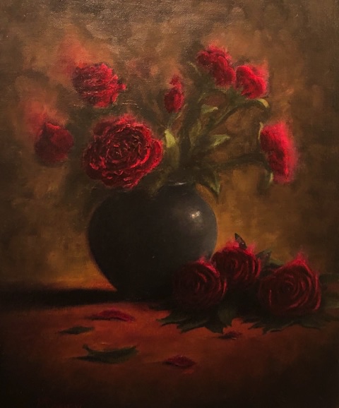 For a  totally original gift or just for your collection. A beautiful painting of red roses with warm misty qualities.