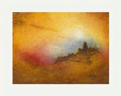 old ruins painting, misty colourful sunrise print, affordable way to put art in your home, art by Ian Money, 