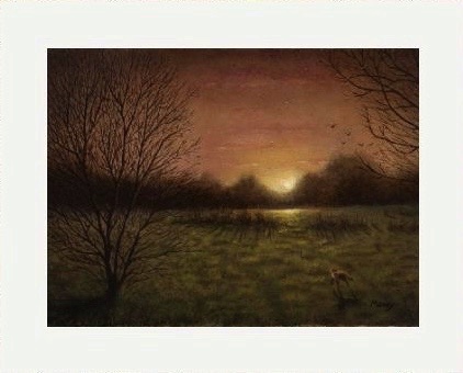 dark but colourful sunrise country scene with fox, original gift, great cheap art 